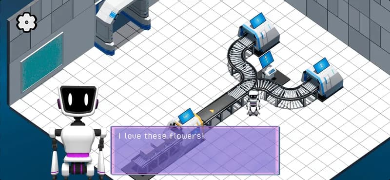 A character dialogue scene with the pink robot